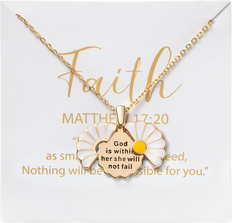 PANTIDE Christian Daisy Locket Necklace for Women - God Is Within Her She Will Not Fail Engraved Faith Religious Necklace Inspirational Stainless Steel Necklace Jewelry Birthday Gift - Image 1